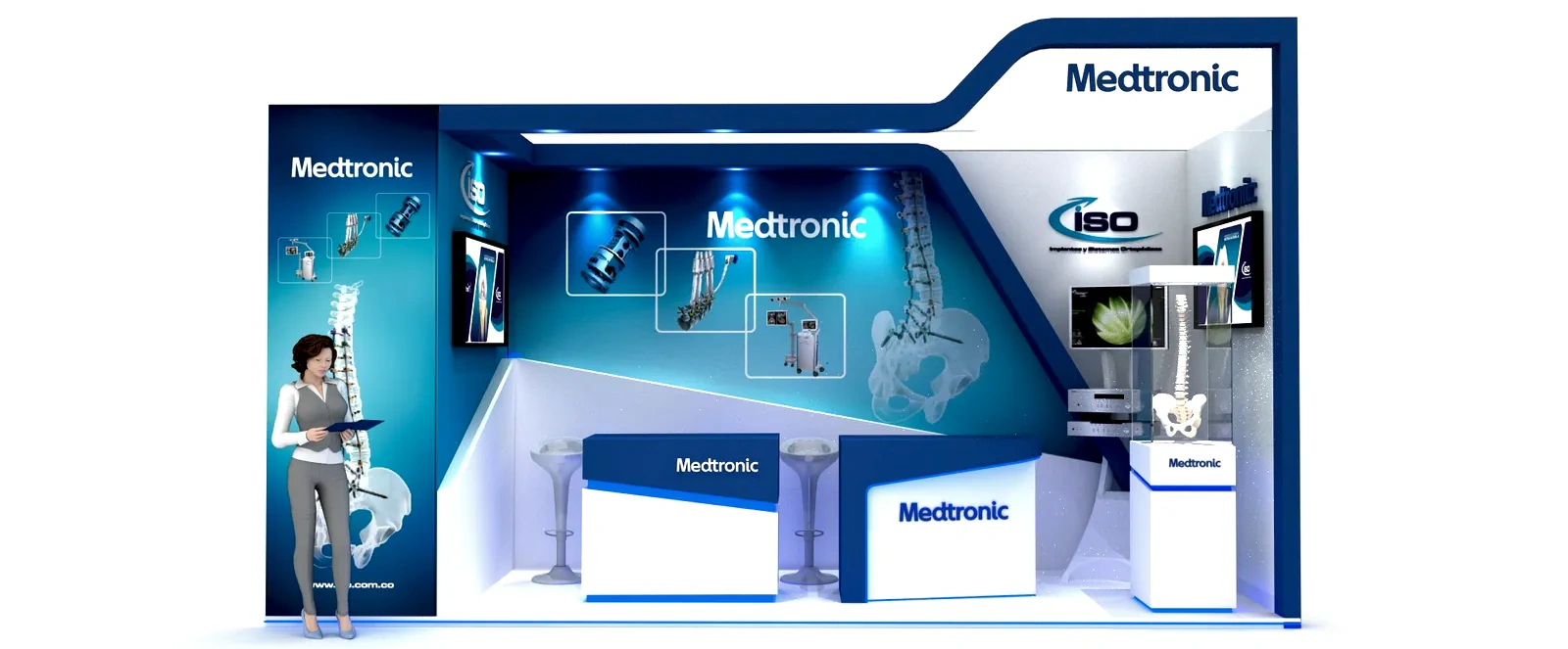 Render 3D Aprobado con Vitrinas Quirúrgicas — MEDTRONIC SPINE & SURGERY
